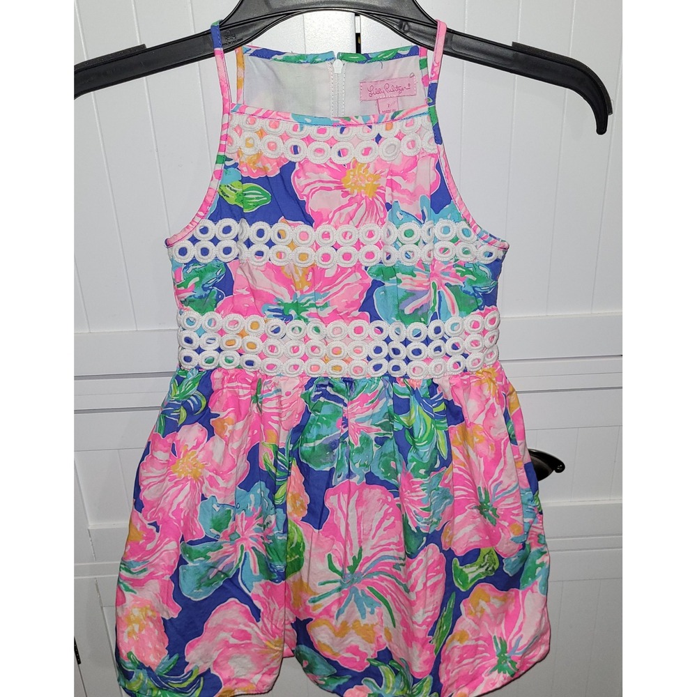 Lilly Pulitzer Girls Floral Halter Dress Pink Blue Eyelet Trim Size 7